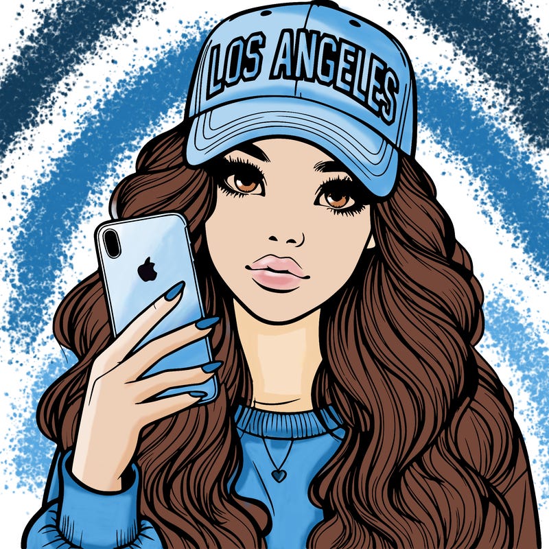 realistic beautiful girl wearing los ángeles cap holding an iphone