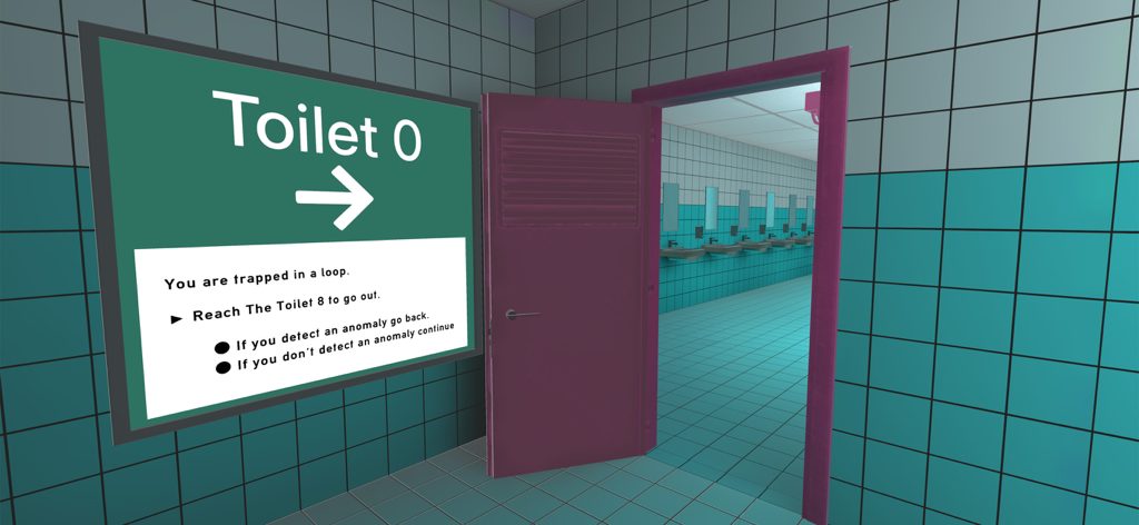 Toilet 8 - An instruction sign at the start of the Toilet 8 game showing how to navigate the bathroom loop and detect anomalies.