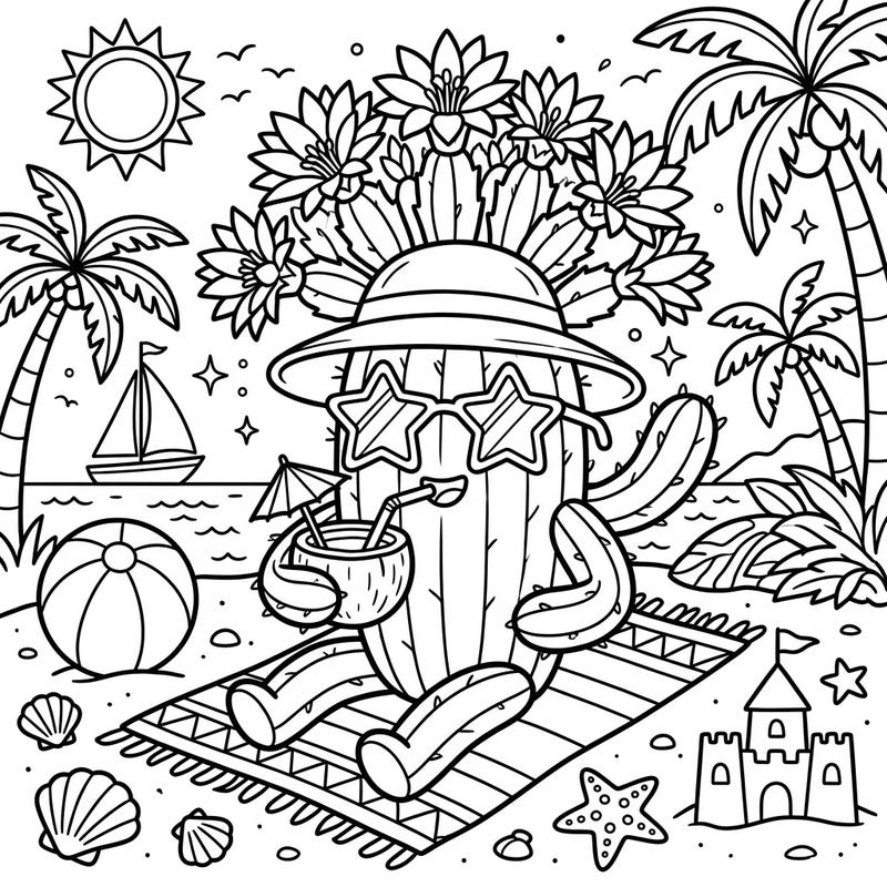 Embrace the warmth of summer with this delightful coloring page featuring a festive Christmas Cactus enjoying a well-deserved beach vacation. Unwind as you bring this unique botanical scene to life with your favorite colors.