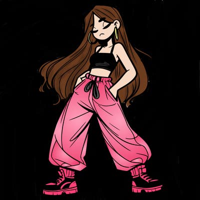 girl in baggy pants crop top and long hair