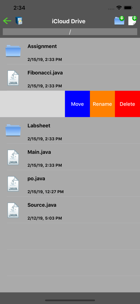 Jedona - Compiler for Java - Jedona app iCloud Drive interface displaying Java source files and management options like move rename and delete.