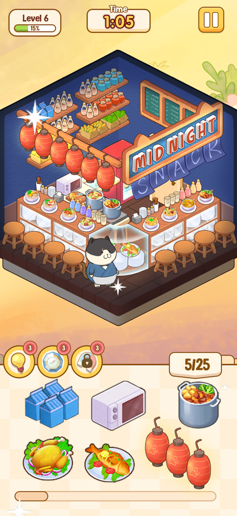 Sticker Room: Cozy Home - Kawaii cat vendor at a midnight snack food stall in the Sticker Room Cozy Home game
