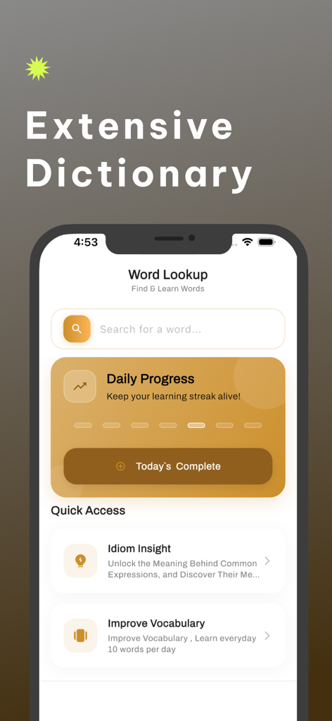 Swahili English dictionary screen with word search and learning progress features