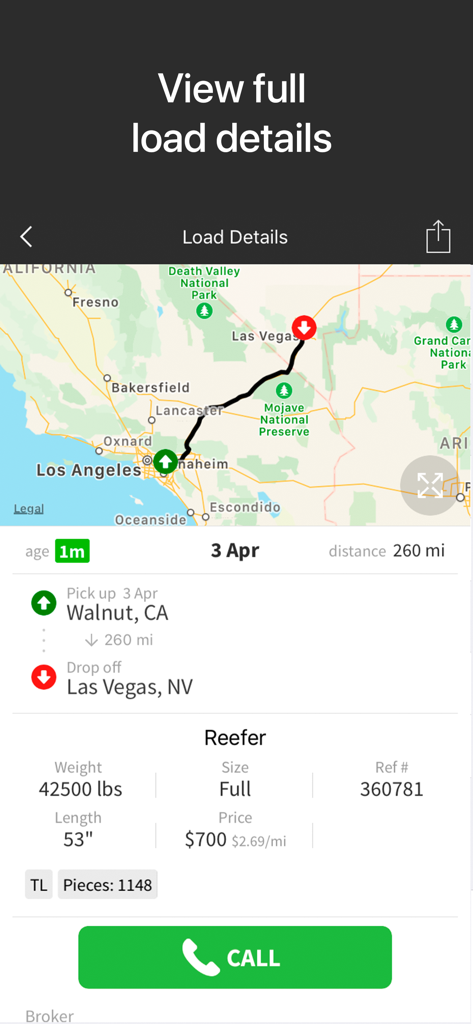 Doft Load Board, Truck Loads - Detailed view of a truck load including route map from Walnut California to Las Vegas Nevada price and equipment type