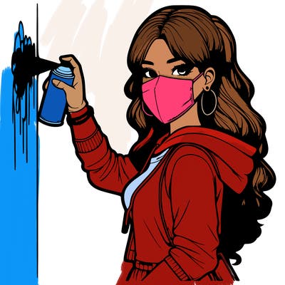 realistic girl with mask spray painting a wall