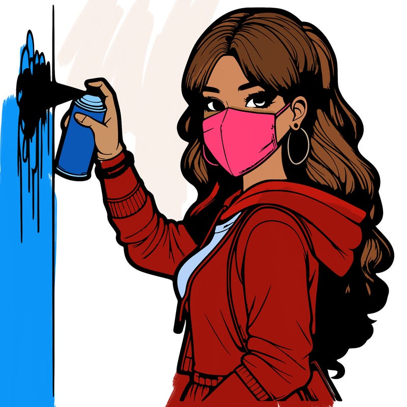 realistic girl with mask spray painting a wall