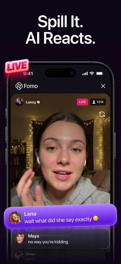 A smartphone showing a simulated live video stream on the Fomo app with realistic AI characters providing feedback in the comment section