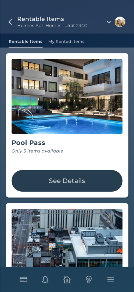 Greystar Resident App - Greystar Resident App interface displaying available rentable items such as a pool pass.