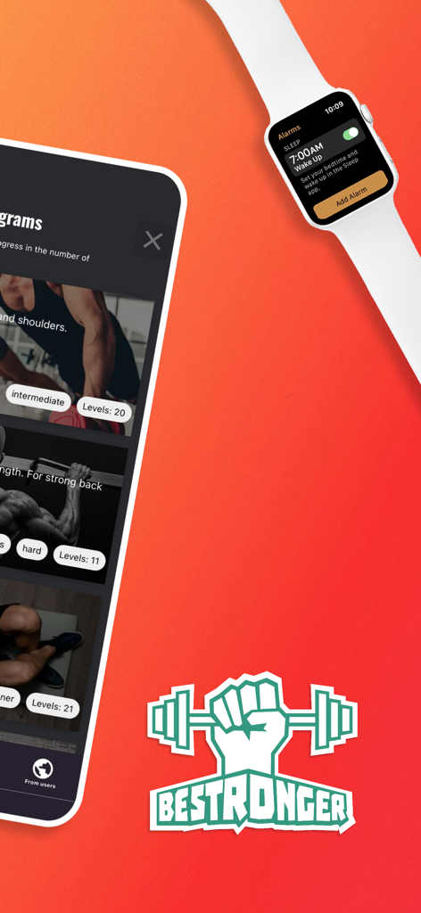 BeStronger Home workouts - Interfaz de la app de entrenamiento en casa BeStronger en un smartphone y un Apple Watch