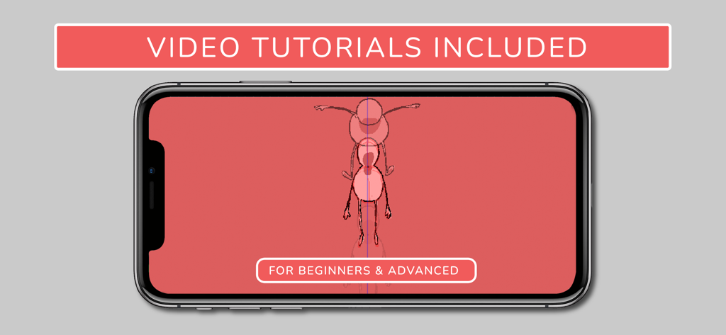 Animation Sketch Pro - A smartphone screen showing an animation sketch with text indicating video tutorials are included for beginners and advanced users.
