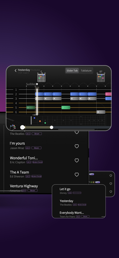 AeroBand Guitar app showing a song selection list and an interactive slider tab rhythm game interface