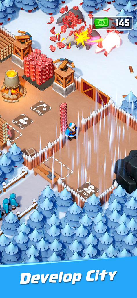 Whiteout Survival gameplay showing city building and resource collection in a frozen landscape