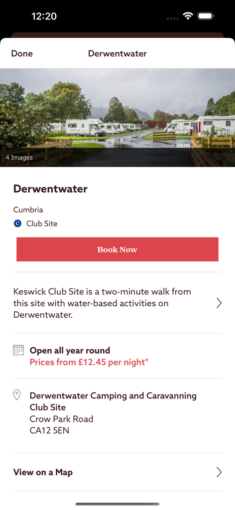 SiteSeeker - カンブリア州のダーウェントウォーターキャンプ場の詳細と予約情報が表示されているSiteSeekerアプリのスクリーンショット。