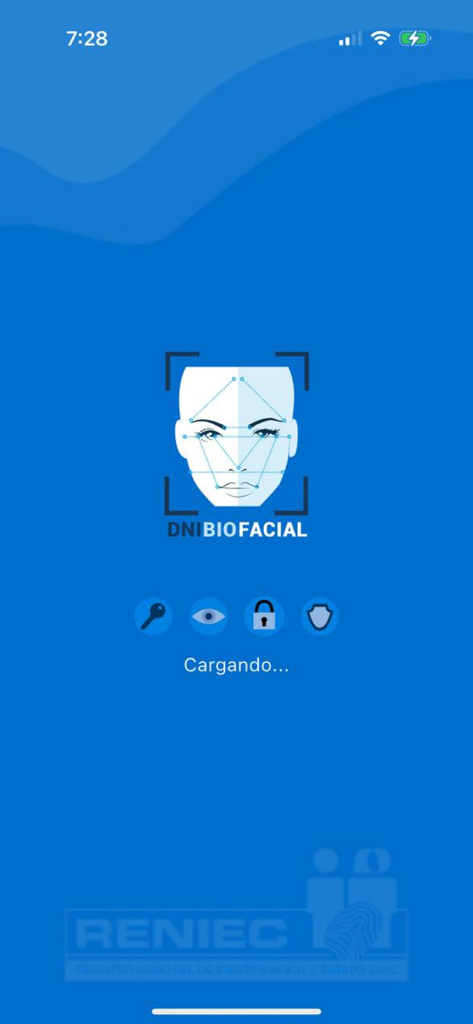 DNI BioFacial - DNI BioFacial app loading screen with biometric face recognition icon and RENIEC logo