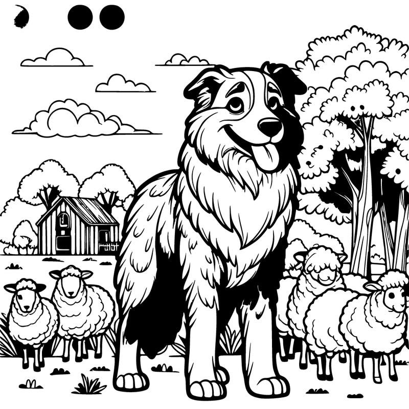 a realistic australian sheep dog standing tall with realistic sheep and realistic trees in the background and a realistic little house in the background