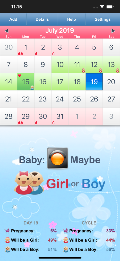 Fertility & Period Tracker - A menstrual cycle calendar showing fertile windows and pregnancy gender probability data