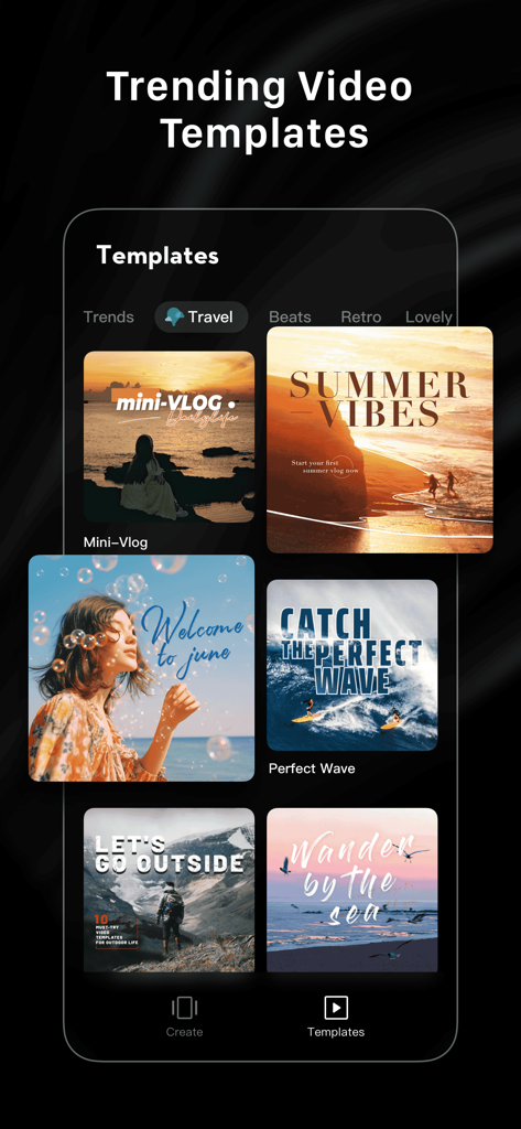 LightCut - AI Video Editor - Interfaccia dell'app LightCut che mostra una selezione di modelli video di viaggio e lifestyle di tendenza