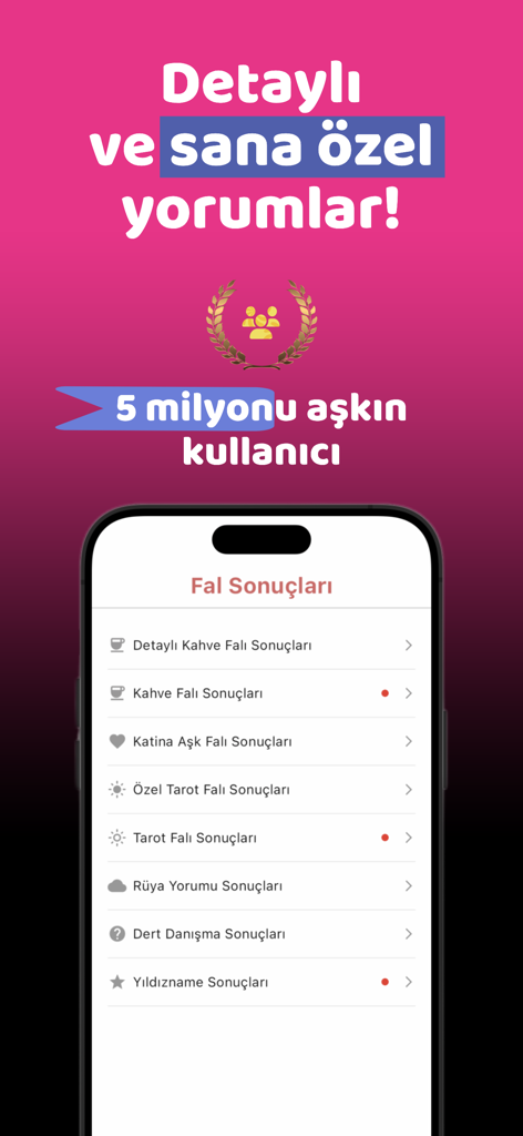 Fal Diyarı - Kahve Falı - Interface de l'application Fal Diyari affichant une liste de résultats de voyance pour le café, le tarot et les lectures amoureuses.