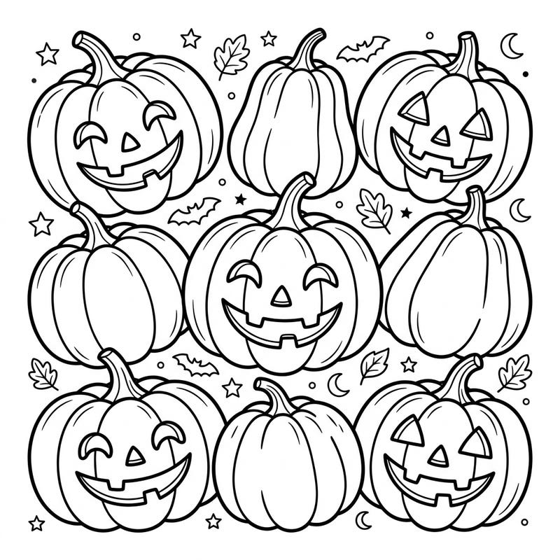 Celebrate Halloween with this delightful coloring page packed with friendly pumpkins and charming seasonal elements. Designed especially for kids, it offers balanced lines and moderate detail for a joyful coloring experience.
