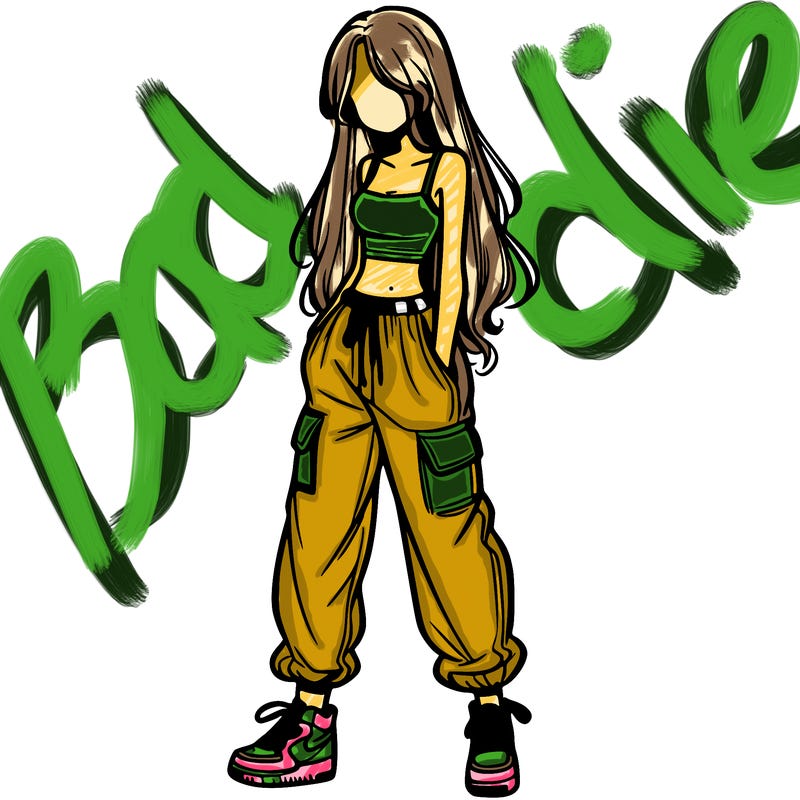 girl in baggy pants crop top and long hair