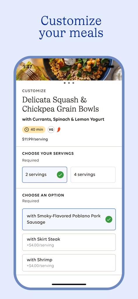 Blue Apron app interface for customizing meal servings and protein options for a grain bowl recipe.