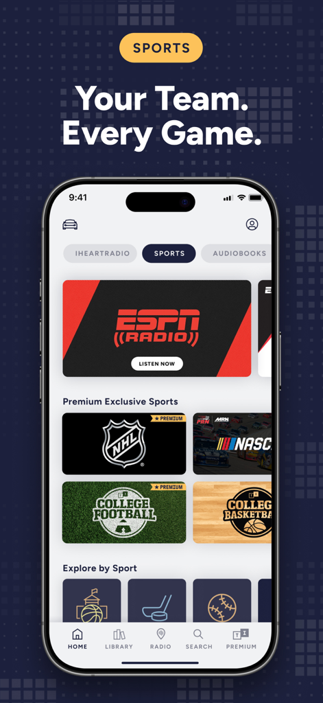 TuneIn Radio: Music & Sports - TuneIn Radio app interface showing live sports categories and ESPN Radio banner