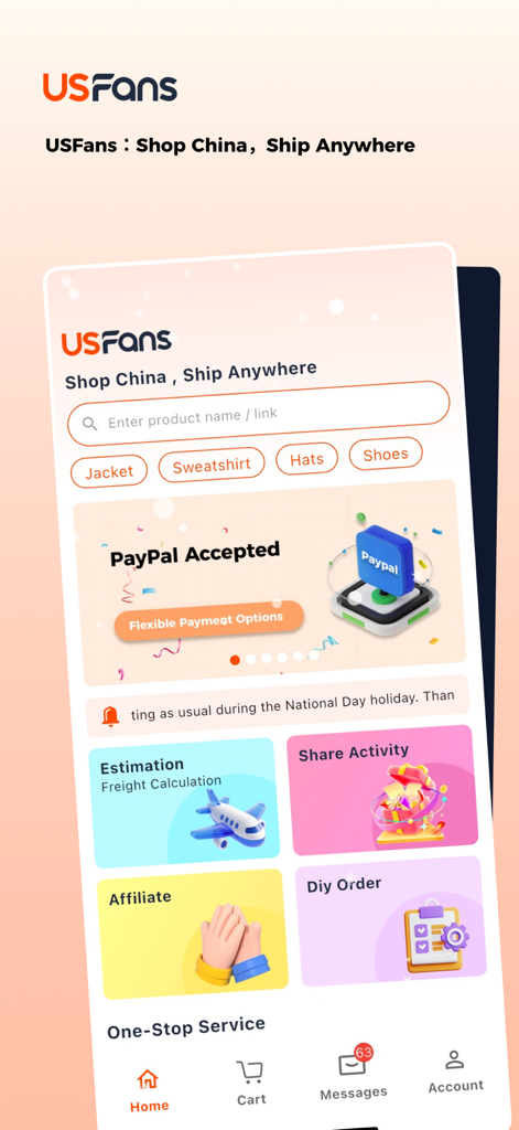 Pantalla de inicio de la aplicación USFans mostrando la barra de búsqueda de compras en China y herramientas de estimación de flete