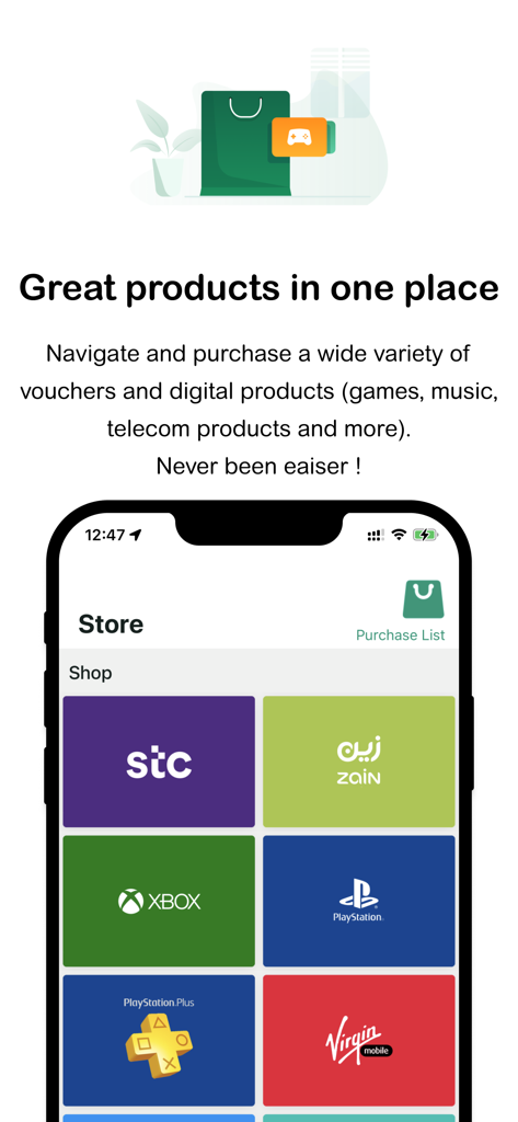 Hala app store interface for purchasing digital vouchers for gaming and telecom services