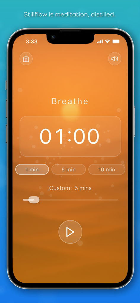 Stillflow — Meditation Timer - Interfaz de la aplicación Stillflow que muestra un temporizador de meditación minimalista con un tema naranja cálido y opciones de duración personalizadas