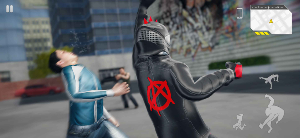 Spider Fuser - Close up action shot of the Spider Fuser character punching an enemy in an urban city environment