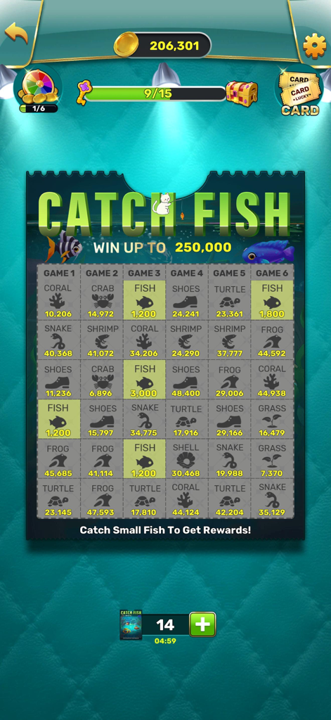 Scratchy Luck - Digital scratch-off card with a Catch Fish theme in the Scratchy Luck mobile game