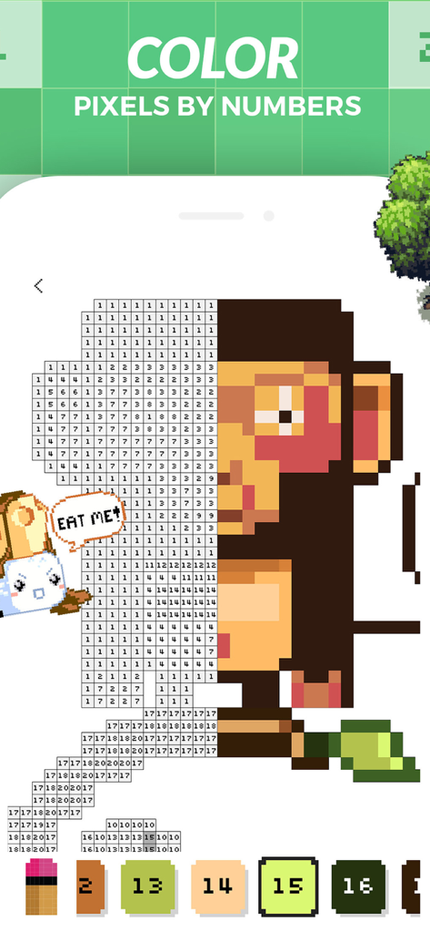 Color By Number! Pixel Art - Interface of a color by number app featuring a pixel art monkey and numbered color palette