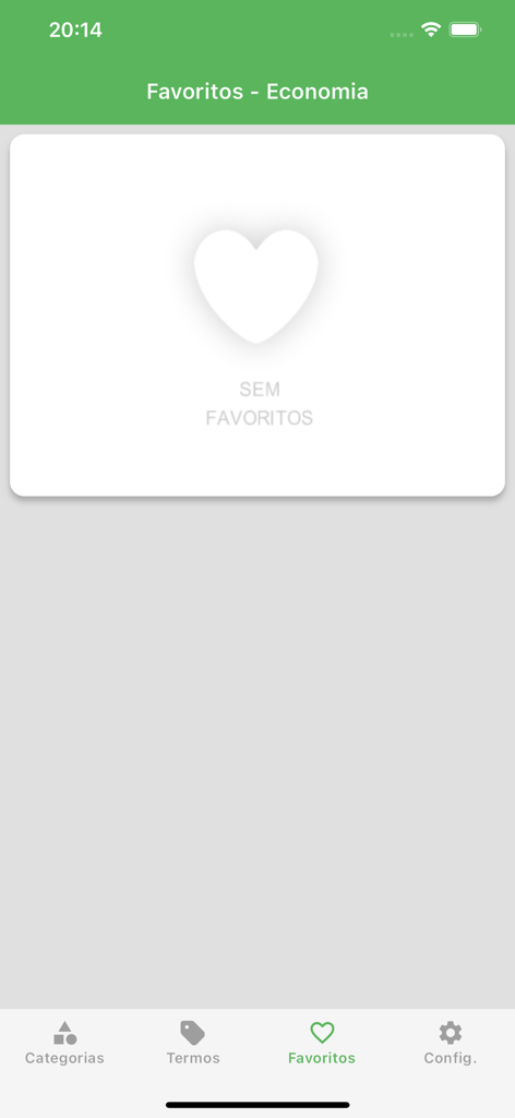 Empty favorites screen of the Termos Tecnicos app featuring a heart icon.