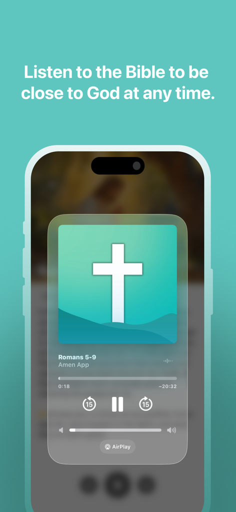 Smartphone screen showing the Amen app audio player for listening to the Bible with a minimalist cross design.
