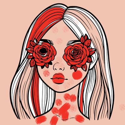 a realistic girl with roses for eyes