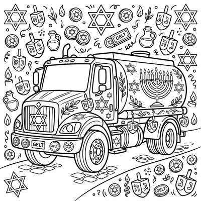 Get ready to celebrate the Festival of Lights with a twist! This unique coloring page features a mighty water tender truck adorned with beautiful Hanukkah symbols, perfect for sparking holiday joy.