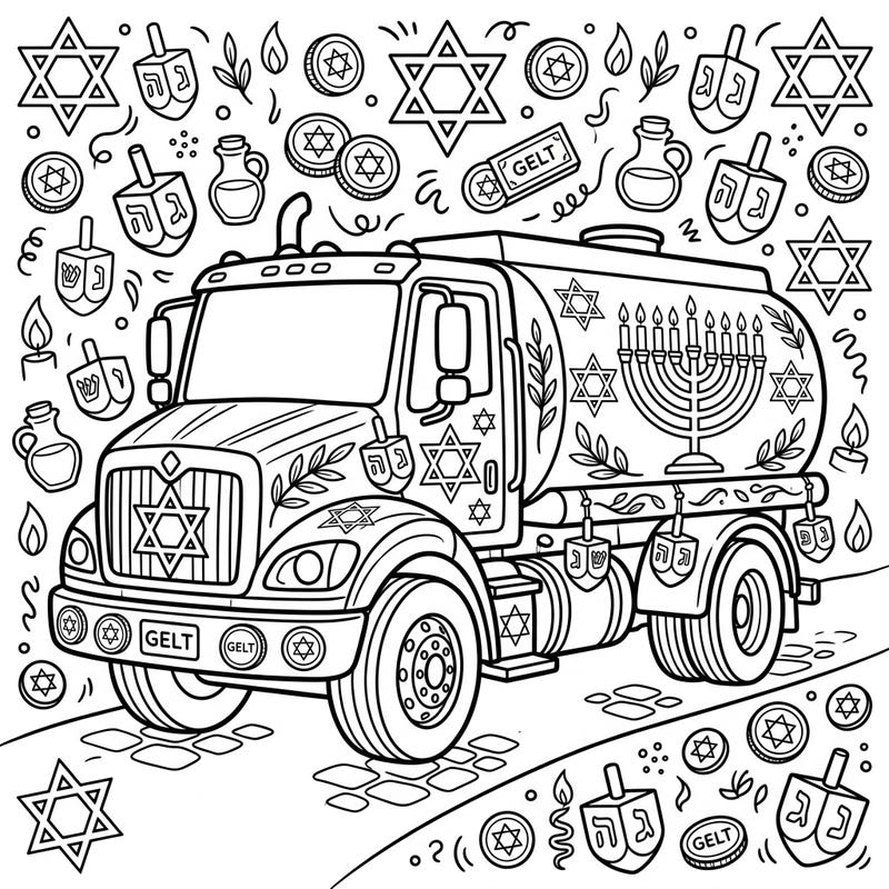 Get ready to celebrate the Festival of Lights with a twist! This unique coloring page features a mighty water tender truck adorned with beautiful Hanukkah symbols, perfect for sparking holiday joy.