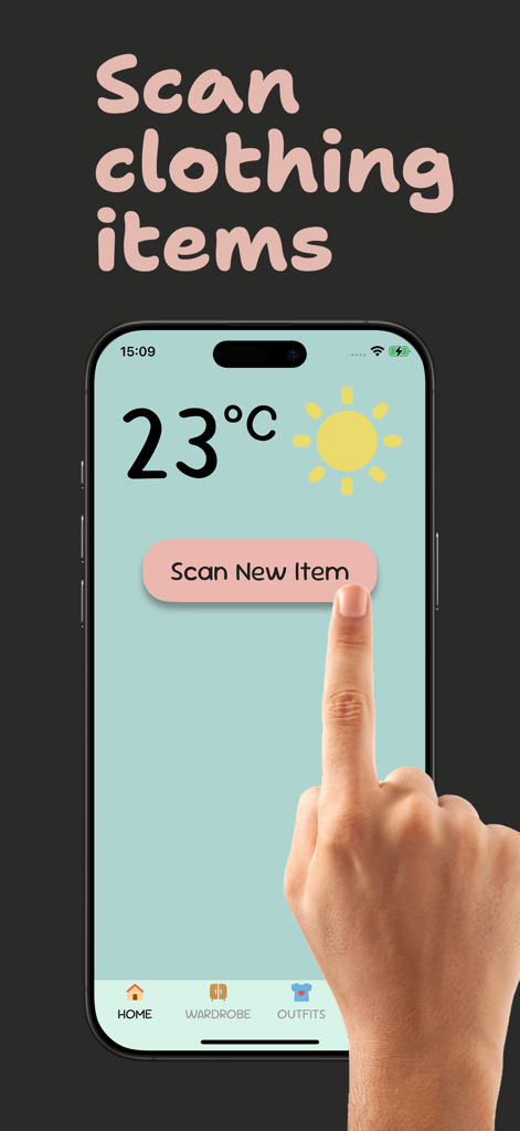 Clothify Wardrobe - Clothify Wardrobe home screen showing a button to scan new clothing items and the current weather temperature.