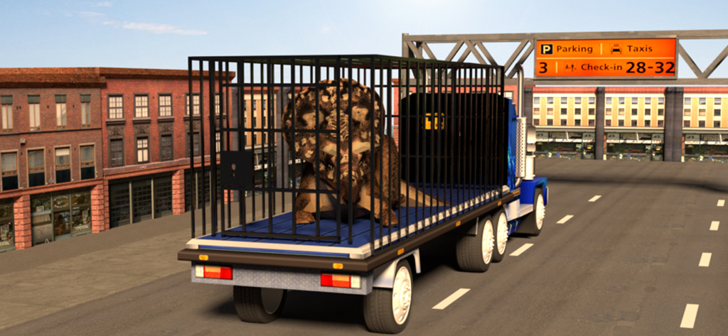 Dino Park Truck Simulator 2019 - Un dinosaurio triceratops en una jaula en un camión de transporte en una ciudad.