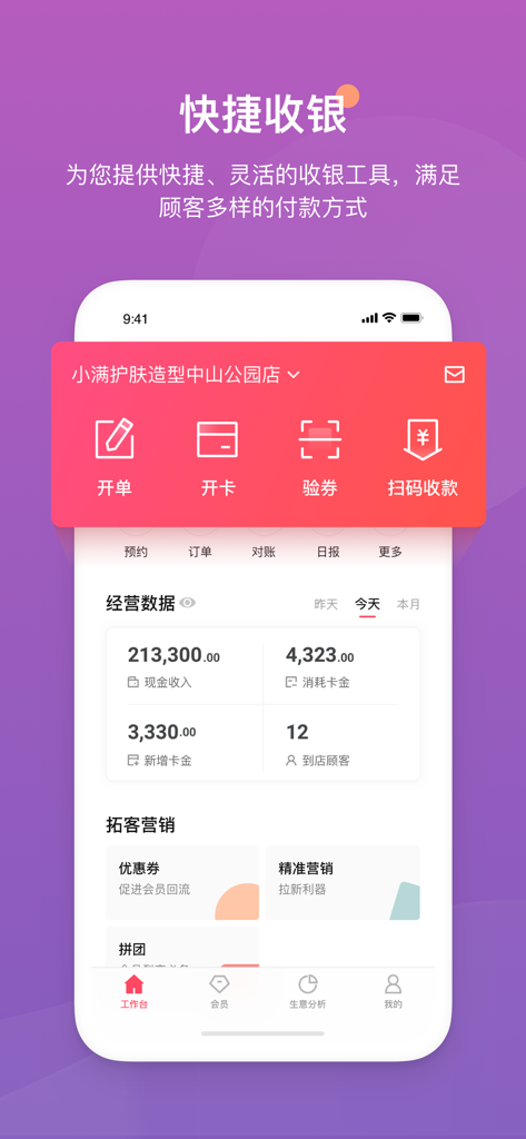 客满满 - Interface of the Ke Man Man app showing business performance metrics and quick checkout tools for beauty salon owners.