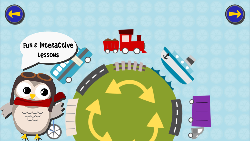 Gus on the Go: Cantonese - Gus the owl presenting fun and interactive Cantonese lessons with transportation-themed graphics