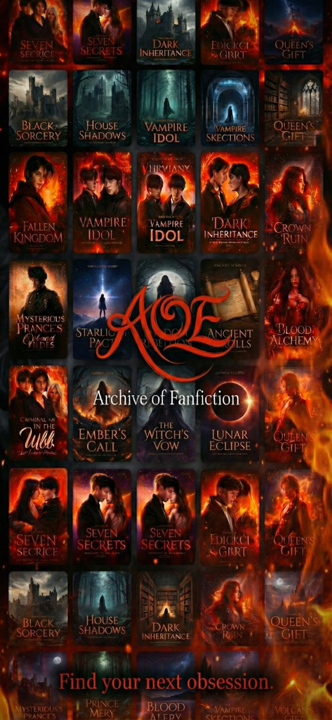 Una colección de portadas de historias de fanfiction diversas con títulos como Vampire Idol y Seven Secrets dentro de la aplicación AOE Archive of Fanfiction.