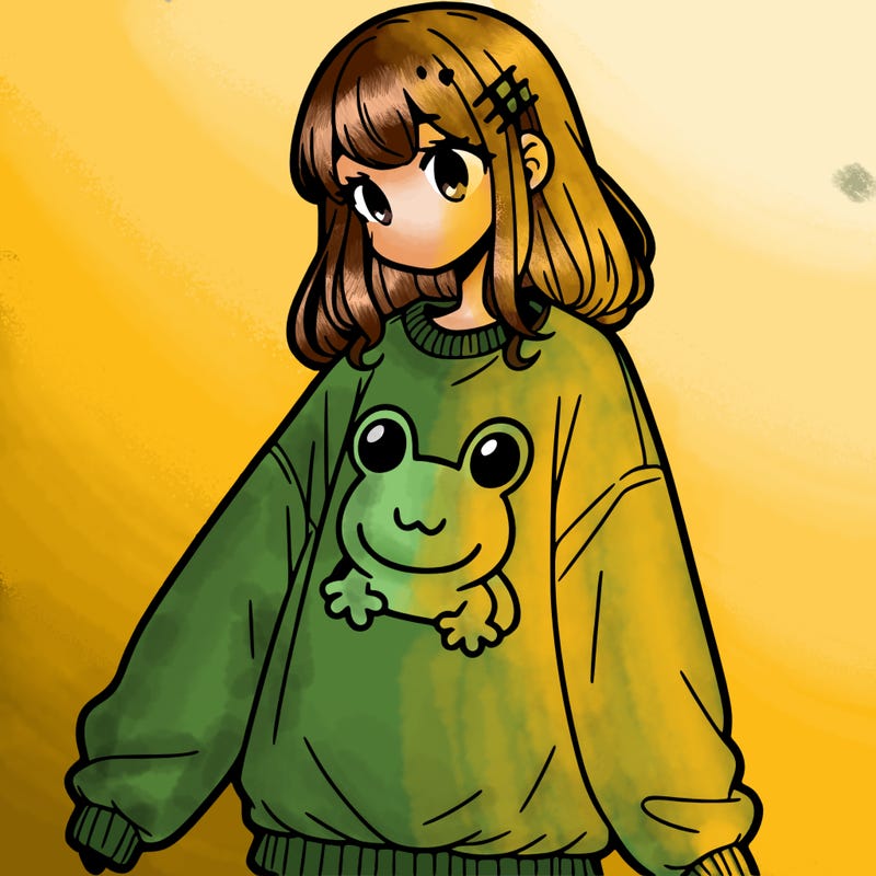 girl wearing frogging sweatshirt