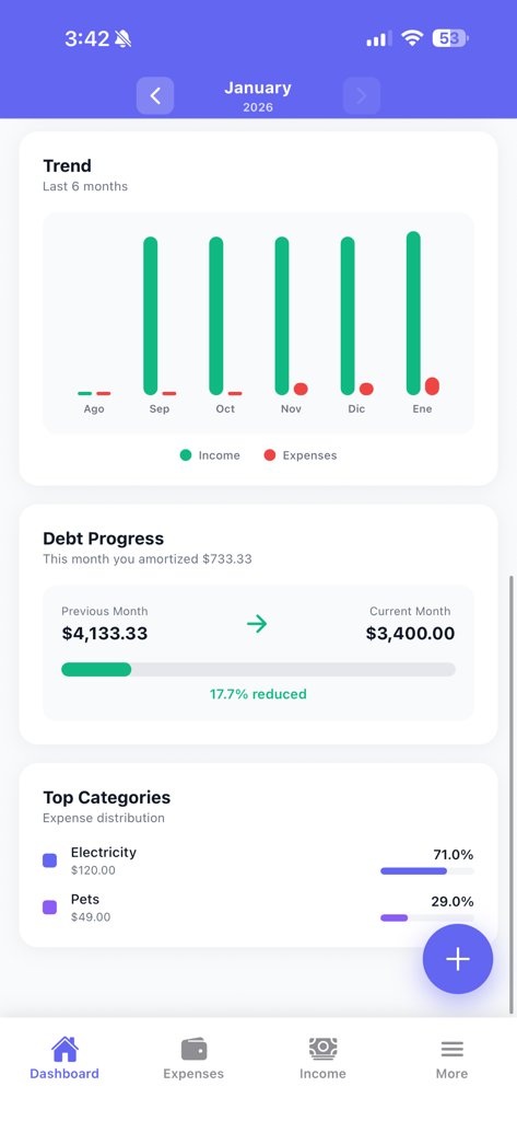 Money Track AI App-Bildschirm mit monatlichen Finanztrends, Schuldenreduktionsfortschritt und Top-Ausgabenkategorien