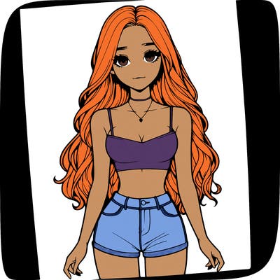 a realistic girl with long hair and in a crop top and shprts