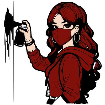 realistic girl with mask spray painting a wall
