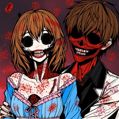 realistic scary creepy girl and boy couple romance horror anime