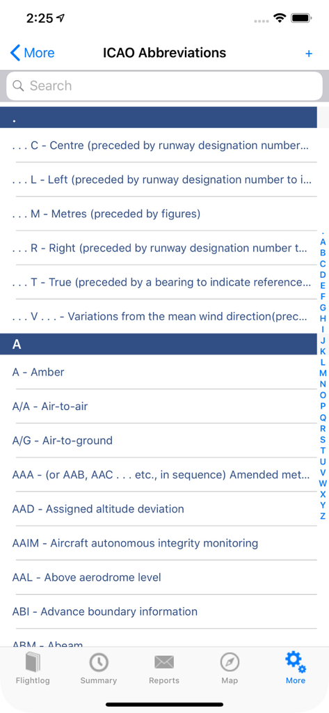 ROTAIR FlightLog - Screenshot of the ICAO Abbreviations reference list within the ROTAIR FlightLog mobile app.
