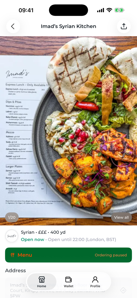 Yalla Halal - Syrian food platter shown on a restaurant profile page within the Yalla Halal app