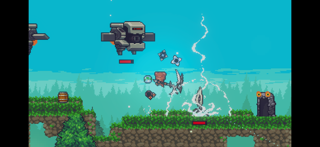 Dungreed - Side-scrolling pixel art action in Dungreed with a character attacking a flying robot